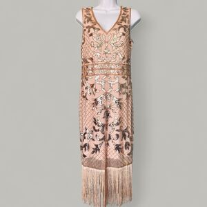 Unique Retro Flapper Dress L Sequin Beaded Showgirl Fringe 20s Gatsby Burlesque